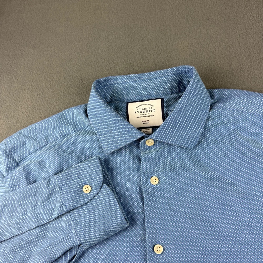 Charles Tyrwhitt Shirt Mens 16.5 Blue Slim Fit Non-Iron Cotton Button Up Texture